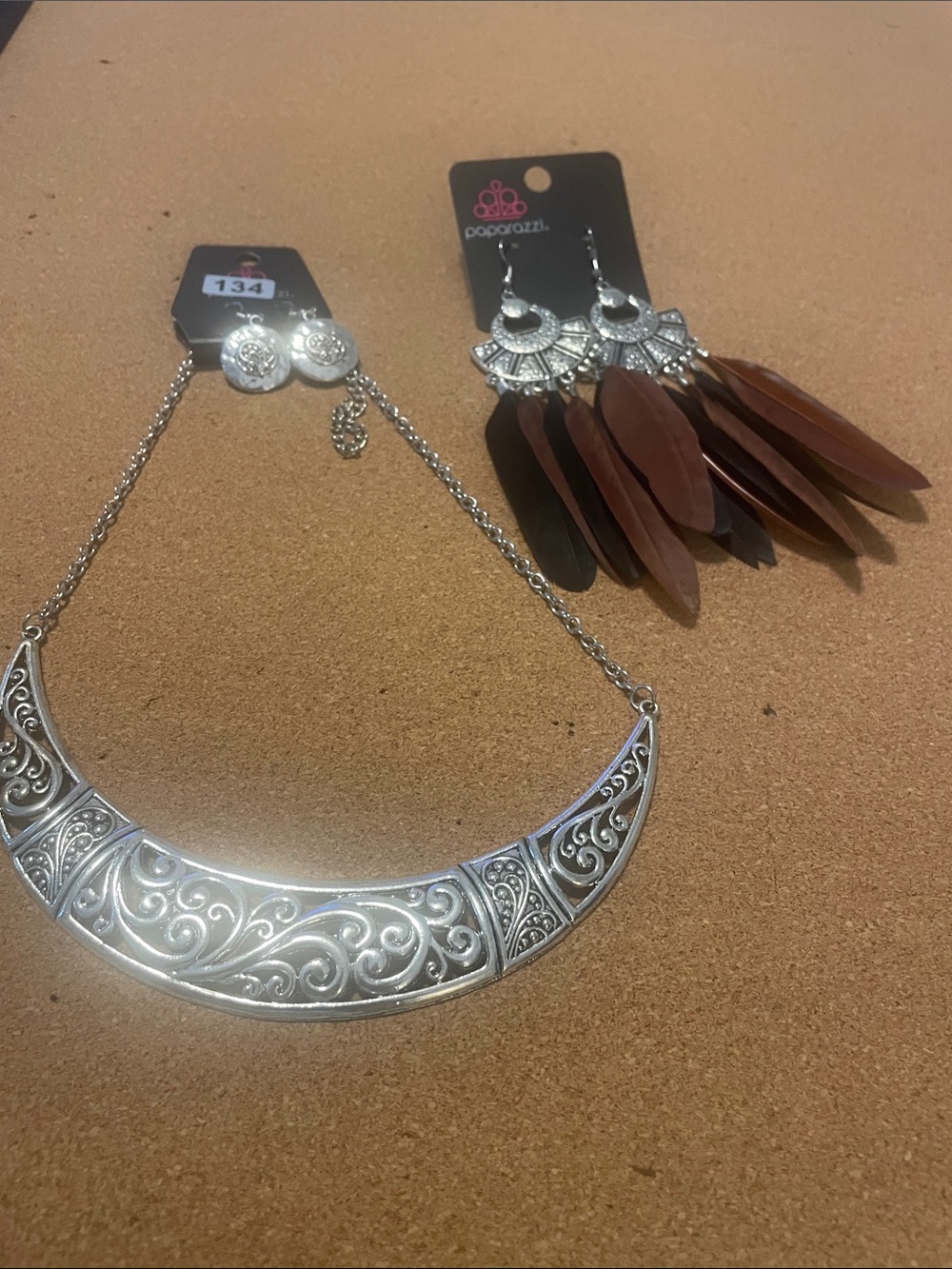 paparazzi Silver Filigree Collar Necklace with Brown Feather Accents